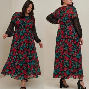 Torrid‎ Maxi Peasant Dress Chiffon Floral Black size 4X Boho Lace Fall Moody